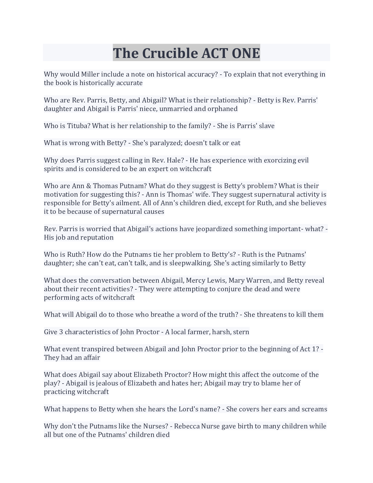 The Crucible ACT ONE LATEST UPDATE QUESTIONS AND ANSWERS Browsegrades